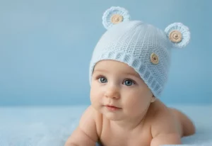 Inspirações nomes de bebê 2024 - Bebê com sorriso encantador em tons suaves de azul.