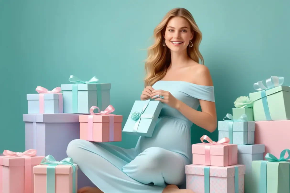Mulher grávida sorridente ganhar produto para bebê grátis