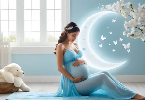 Sonhar que está grávida: uma mulher segura suavemente sua barriga em um cenário onírico