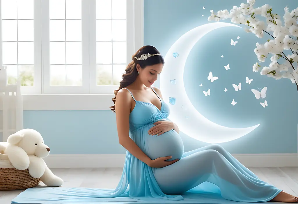 Sonhar que está grávida: uma mulher segura suavemente sua barriga em um cenário onírico