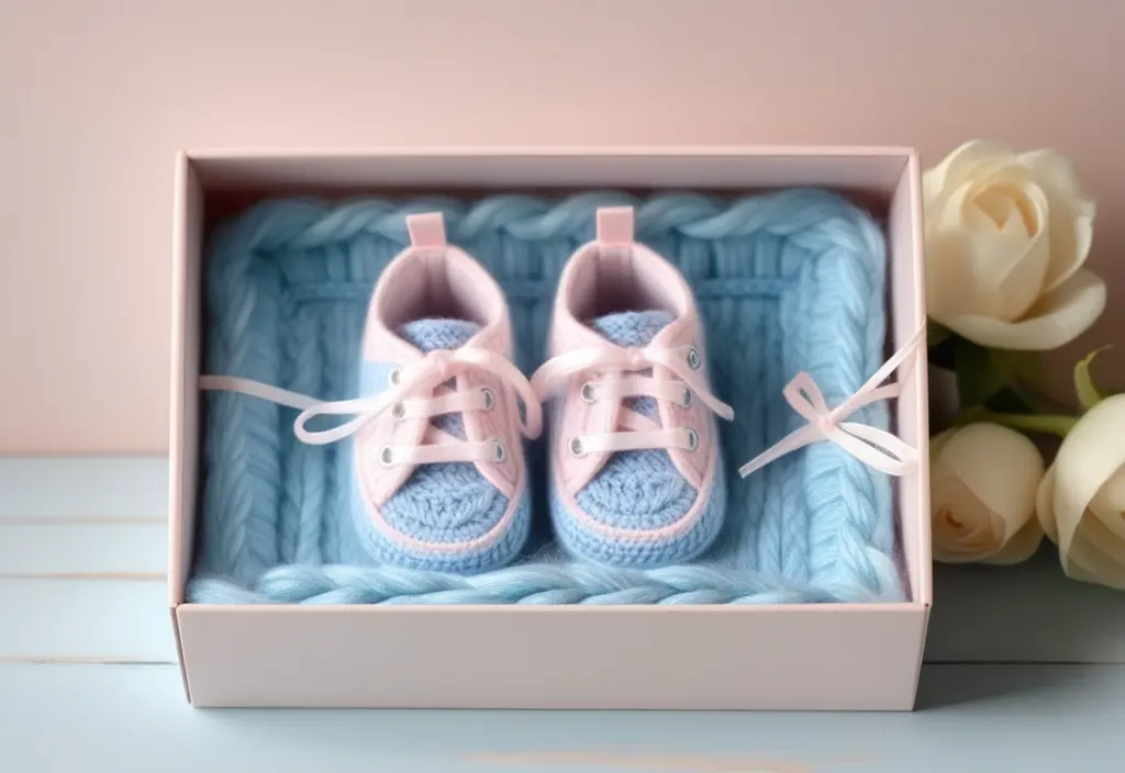 Formas criativas de contar gravidez Imagem de uma caixa decorada com carinho, contendo um teste de gravidez positivo, sapatinhos de bebê e uma carta do coração.