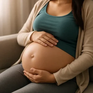Barriga de grávida sendo acariciada com foco no crescimento