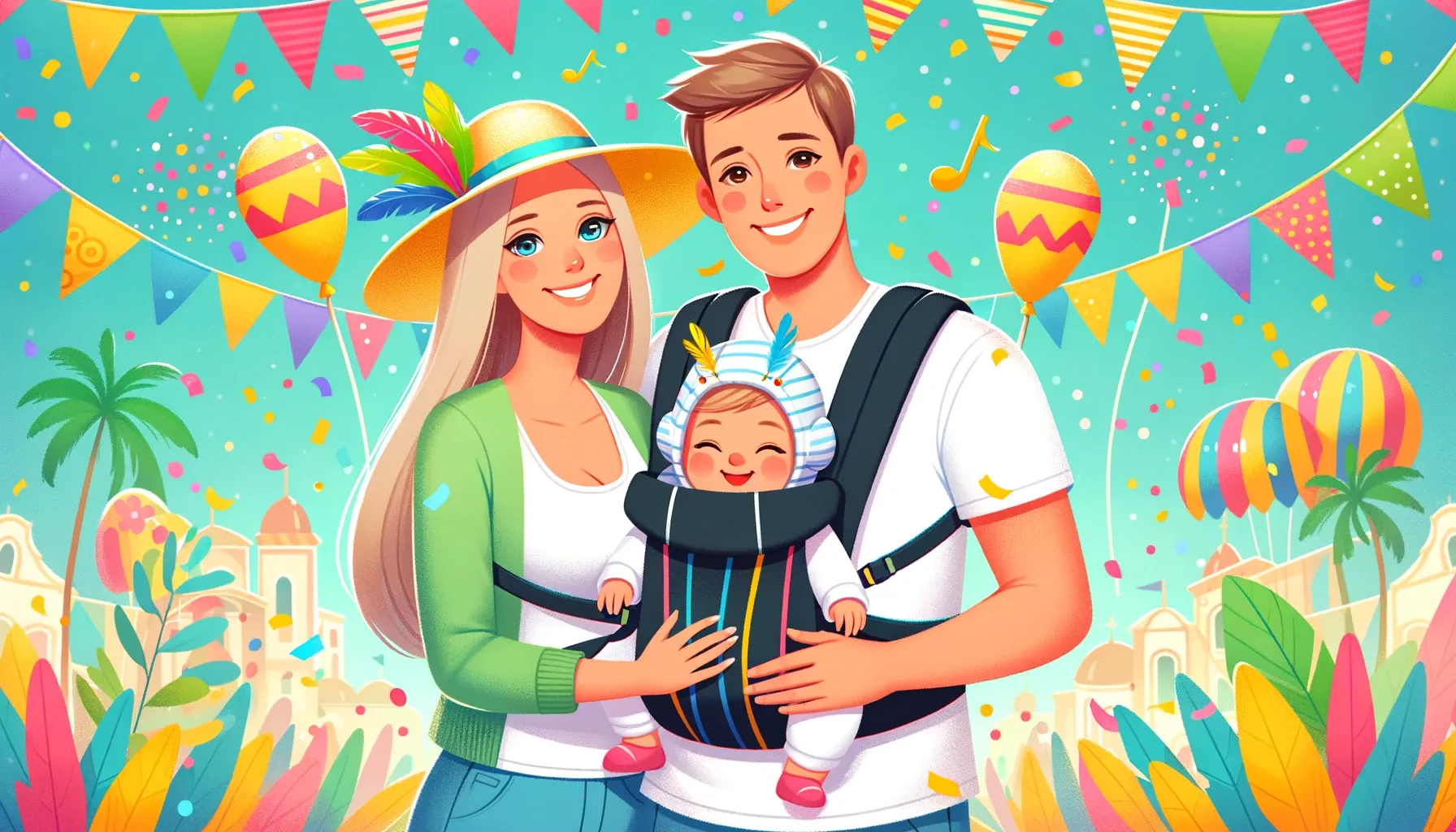 Ilustração alegre de uma família celebrando o Carnaval com seu bebê em um canguru, todos usando proteções como protetores de ouvido para bebês e chapéus contra o sol, em meio a confetes e decorações carnavalescas.