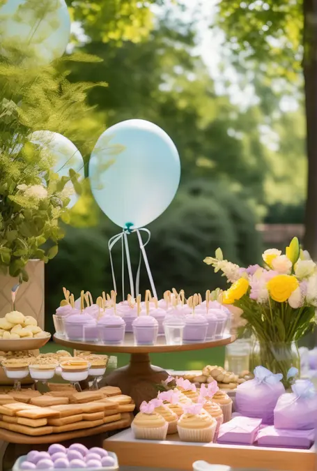 Uma mesa de doces requintadamente decorada para um chá de bebê em 2024, destacando a arte de servir com elegância."
Título: "Mesa de Doces: Um Doce Sonho no Chá de Bebê de 2024