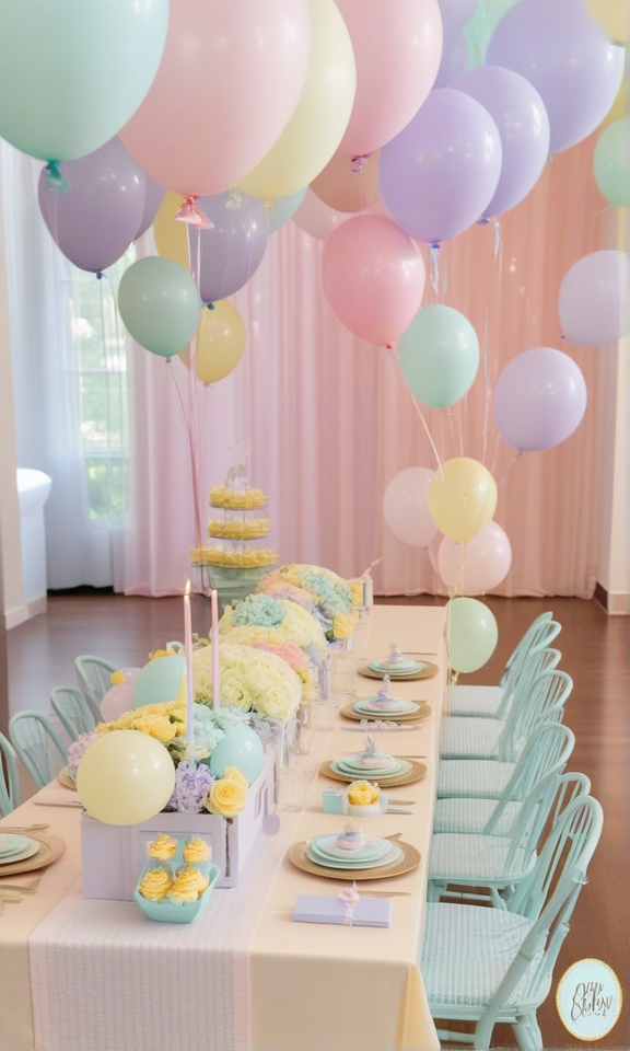 Chá de bebê elegante realizado em um buffet sofisticado, com mesas decoradas em tons pastéis, arranjos de flores, e uma variedade de delícias culinárias.