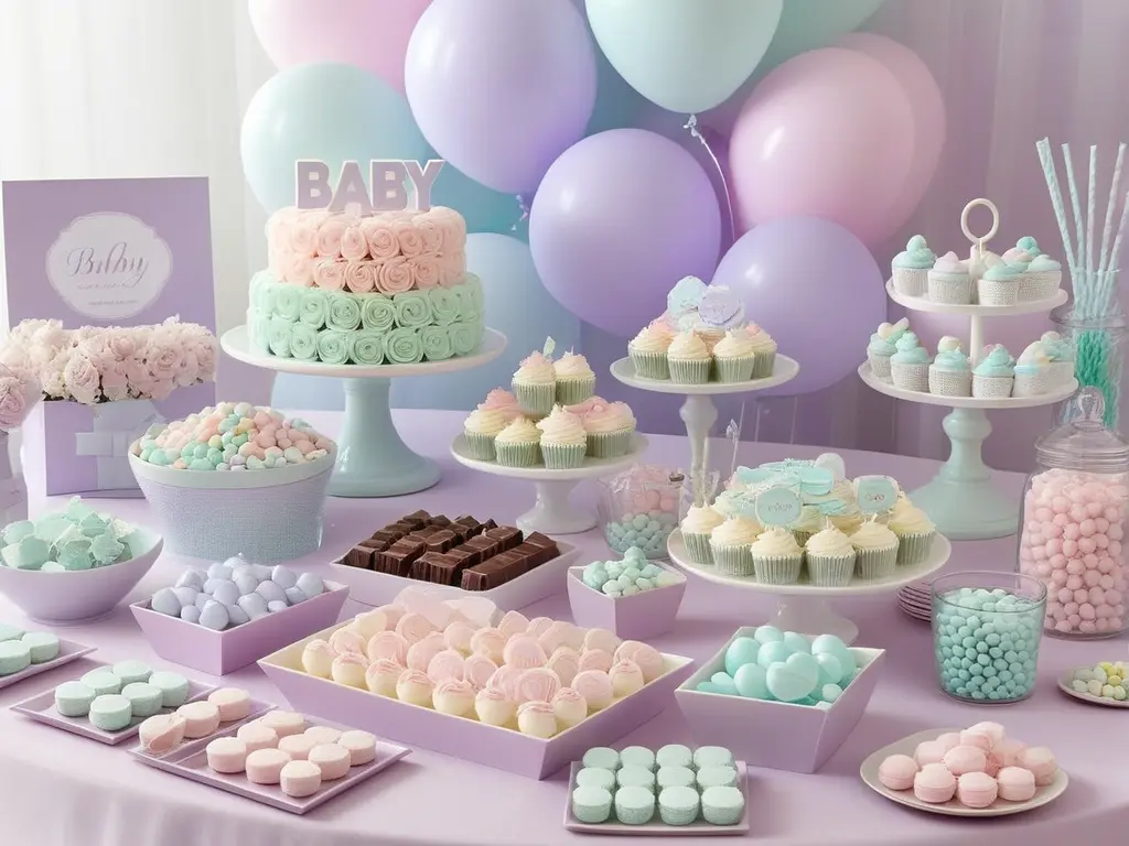 Uma festa de chá de bebê em 2024, com uma mesa elegantemente decorada com pratos variados, doces e salgados, refletindo as palavras-chave 'servir', 'chá de bebê' e '2024'.