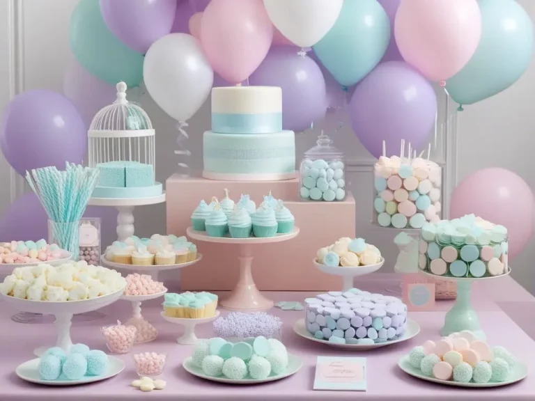 Mesa de chá de bebê simples e barato, decorada com elementos delicados e econômicos, destacando um ambiente acolhedor e festivo