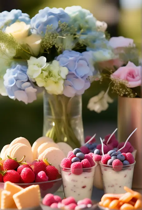 Mesa elegante de chá de bebê com uma torre de frutas exóticas, oferecendo uma escolha inclusiva e atraente de comidas