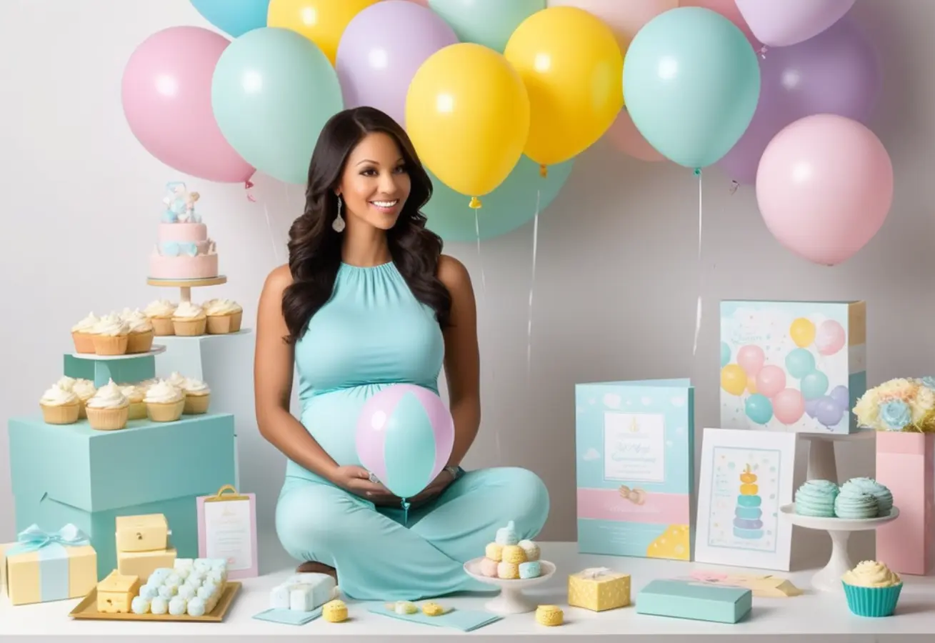 Decoração encantadora de um chá de bebê com balões, presentes e um bolo elegante.