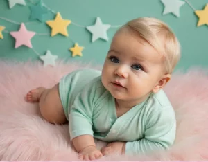 Bebê sorrindo com o nome Pedro Gabriel