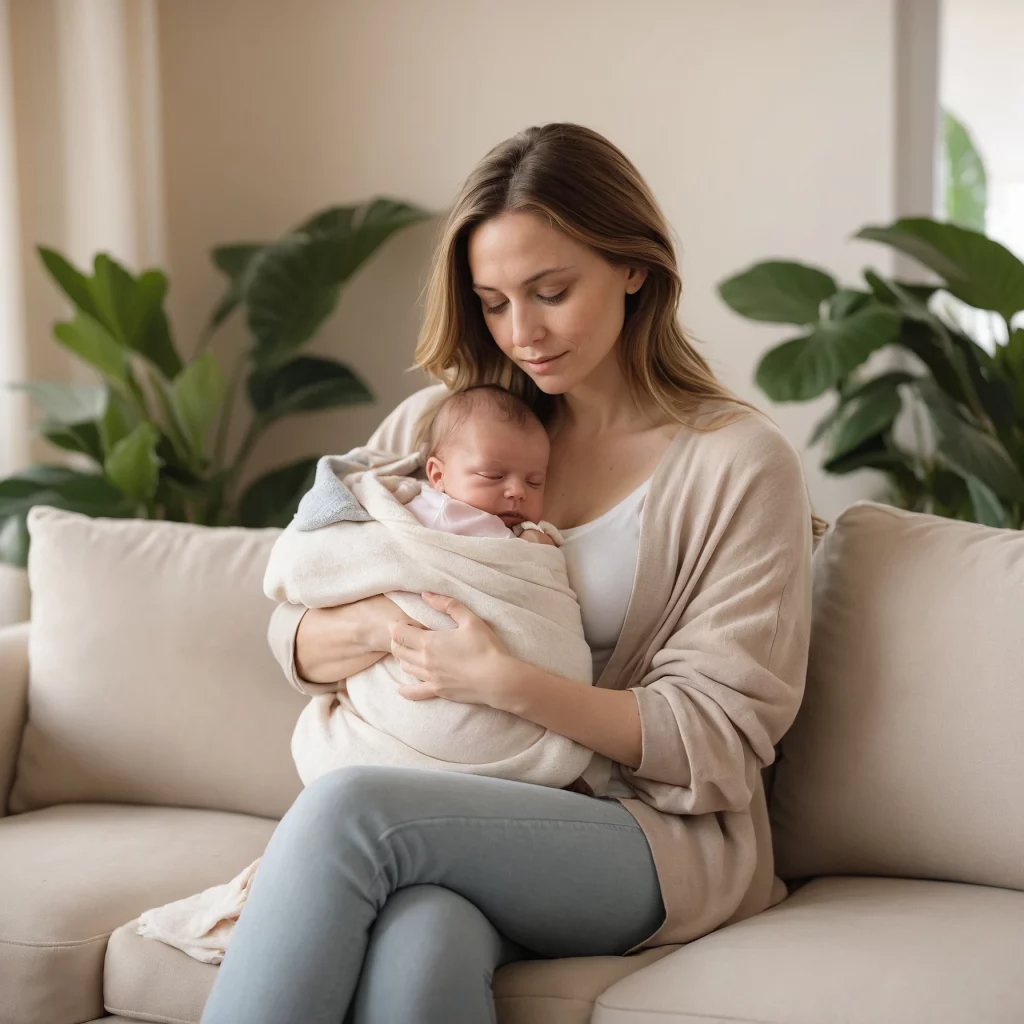 Mãe com bebê no colo, criando um ambiente calmo enquanto busca emagrecer rápido.