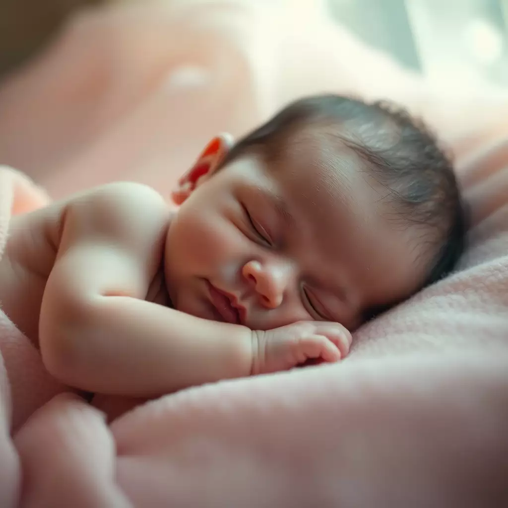 Um bebê com expressão serena envolvido em tons dourados, simbolizando a energia divina de Tácio.