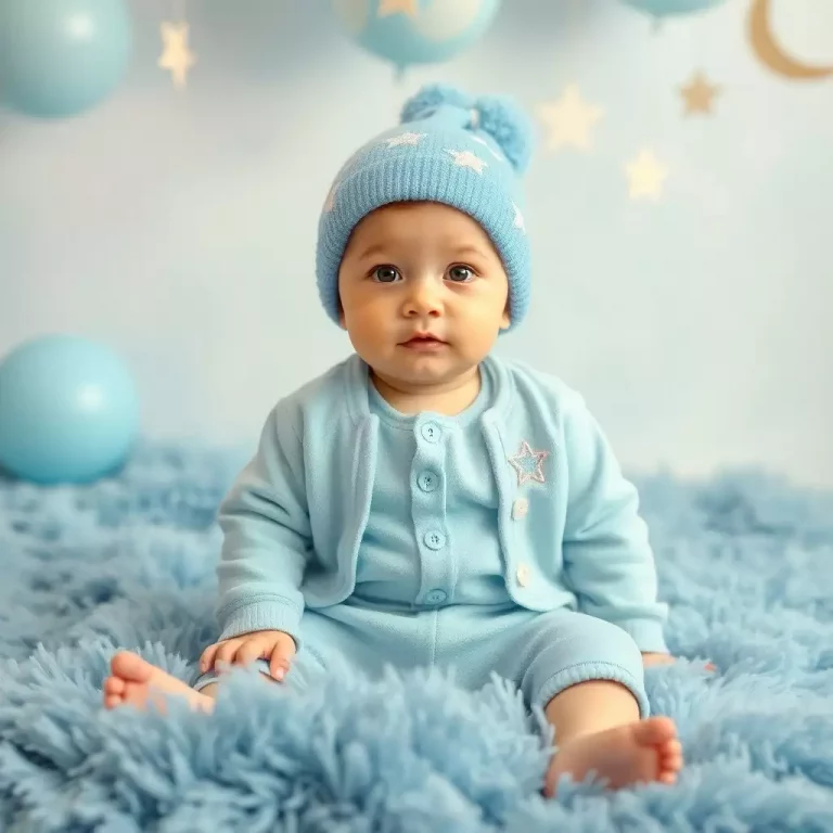 Um bebê sorridente com um fundo celestial, simbolizando a profundidade espiritual de Vicente.