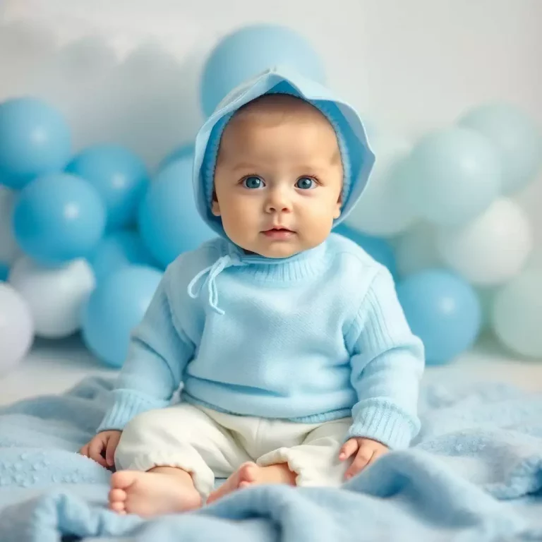 Um bebê tranquilo cercado por um fundo azul suave, simbolizando a serenidade e o despertar espiritual de Paulo.