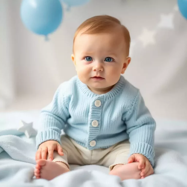 Bebê menino apontando para o céu, simbolizando a pureza e luz do nome Miguel.