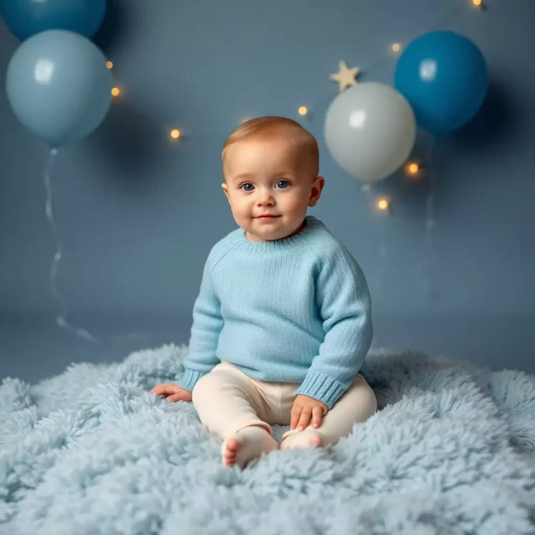 Bebê com brinquedos coloridos ao lado de sugestões de nomes que combinam com Cássio