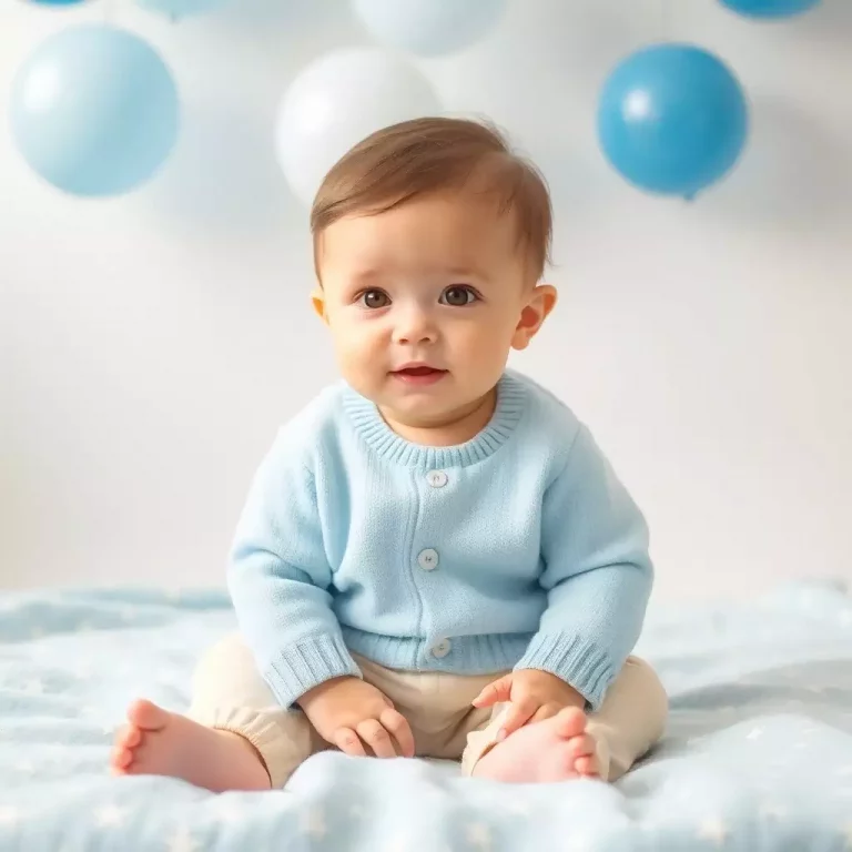 Bebê alegre em roupa azul clara, representando combinações de nomes para Leandro.