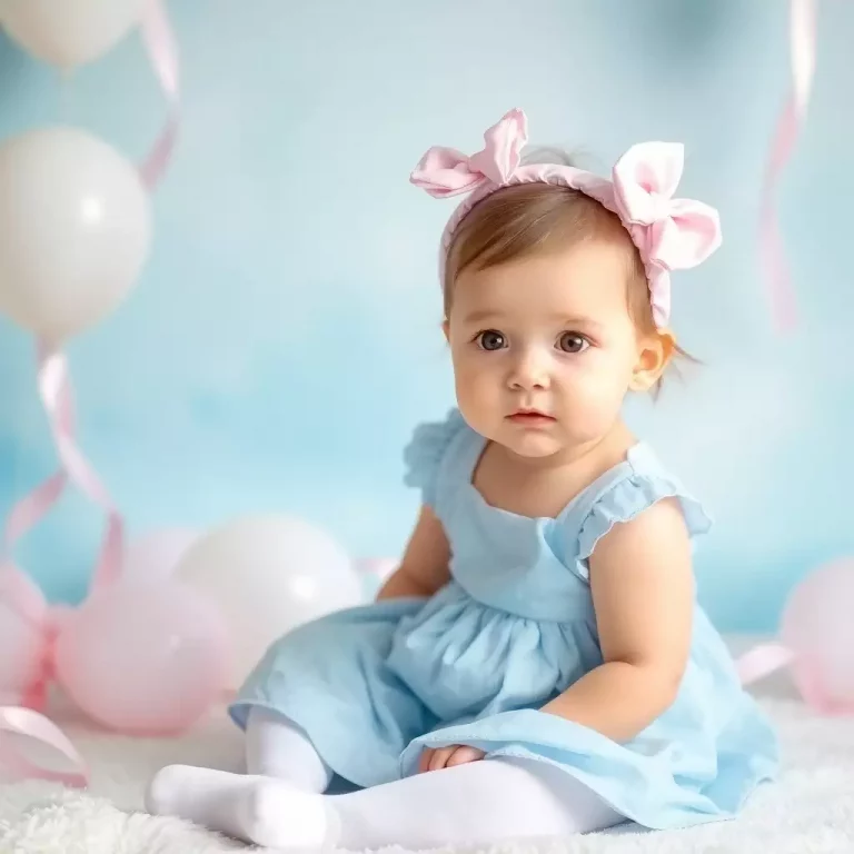 Bebê sorridente com flores ao lado, sugerindo combinações para Daniele