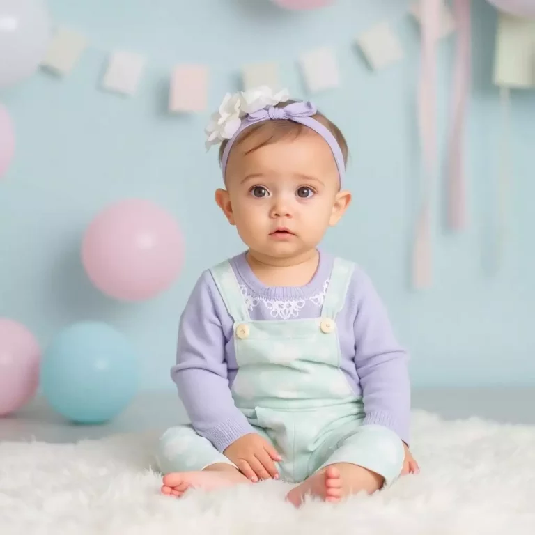 Bebê com laço branco no cabelo, refletindo harmonia nas combinações com Júlia.