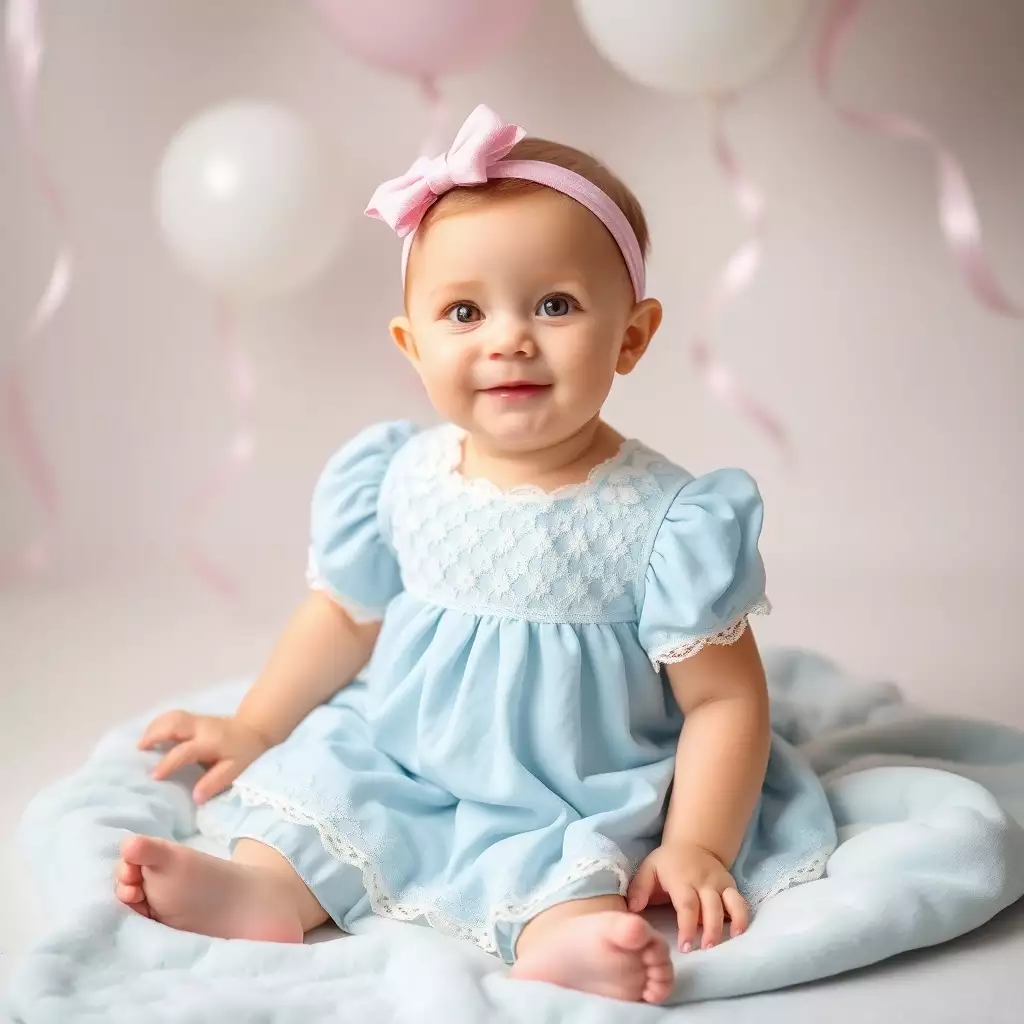 Bebê menina com um laço grande e um vestido encantador, simbolizando a beleza do nome Lisandra.