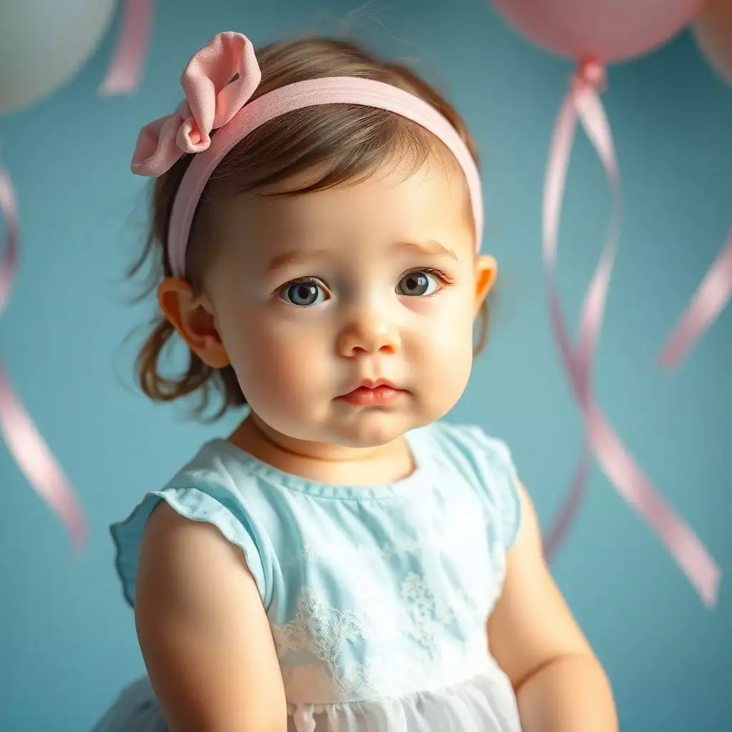 Bebê menina com um laço estiloso, simbolizando a elegância do nome Valéria.