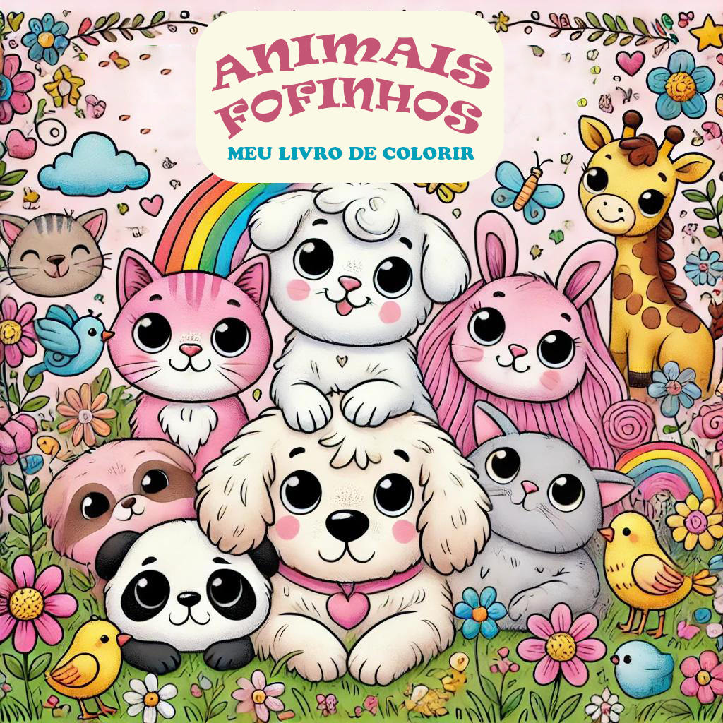 Capa do livro "Desenhos Fofos - Livros de Colorir com Animais Fofinhos" com ilustrações de animais adoráveis.