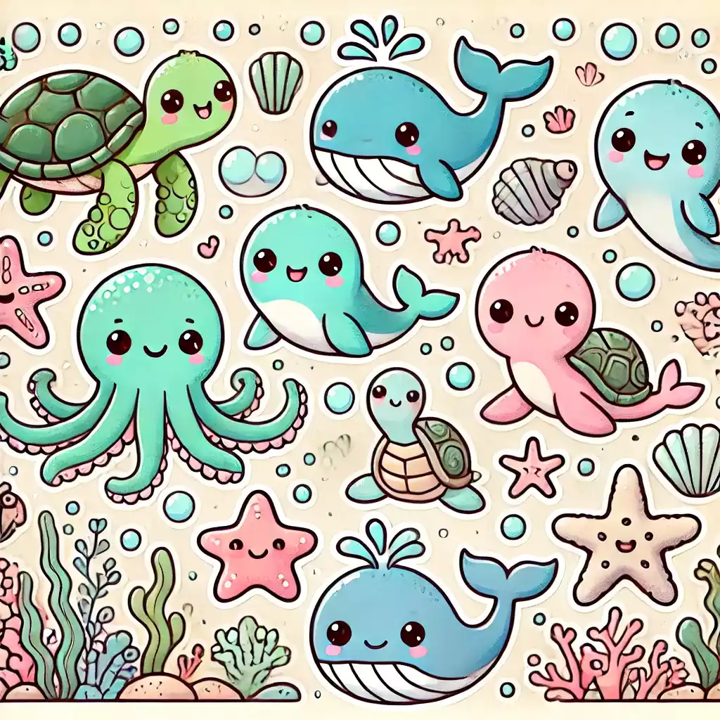 Desenho fofo para imprimir e colorir com tema submarino, incluindo animais marinhos como cavalos-marinhos, tartaruga, polvo, estrelas-do-mar e conchas, perfeito para atividades infantis