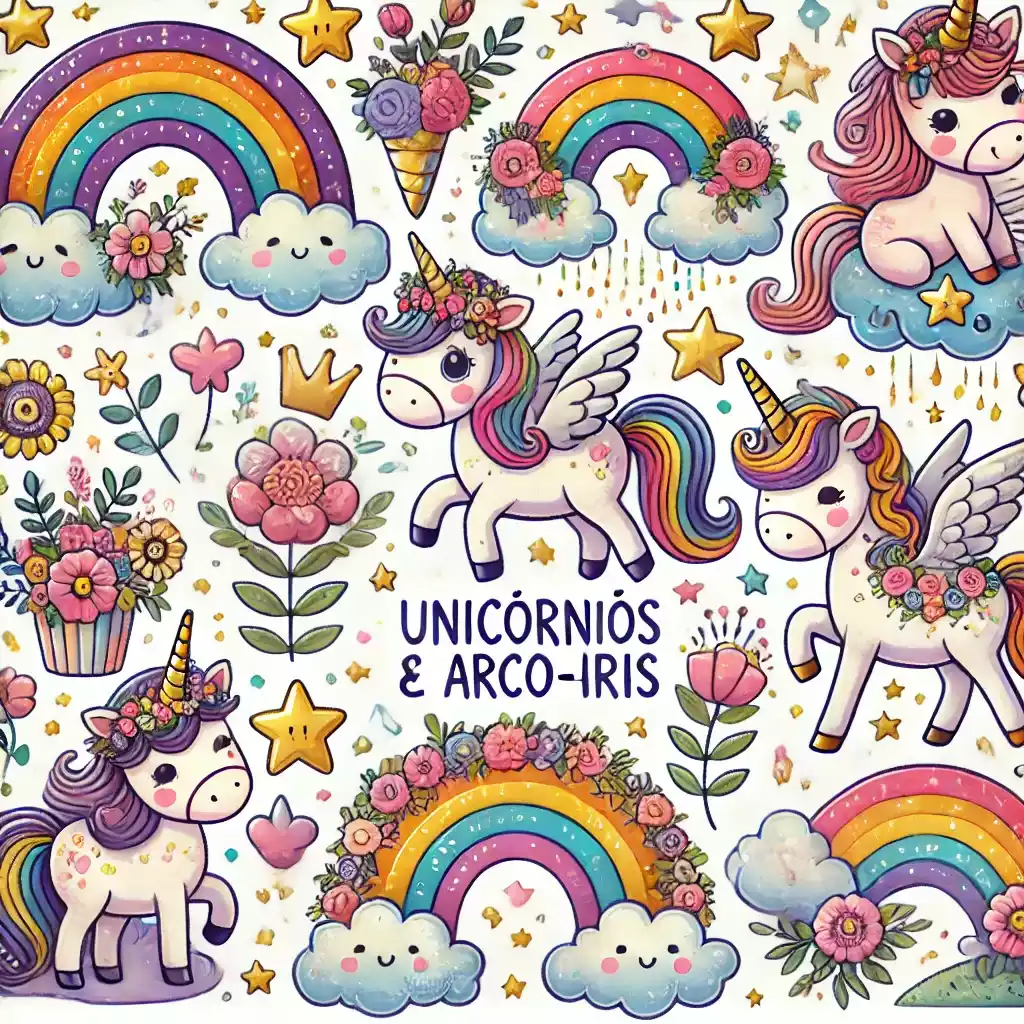Desenho fofo de unicórnio com arco-íris para imprimir e colorir. Atividades encantadoras para crianças.