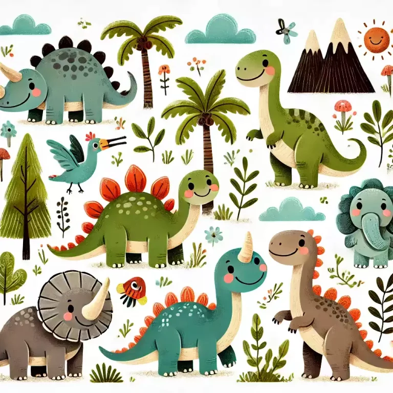 Desenho fofo de dinossauro com uma flor