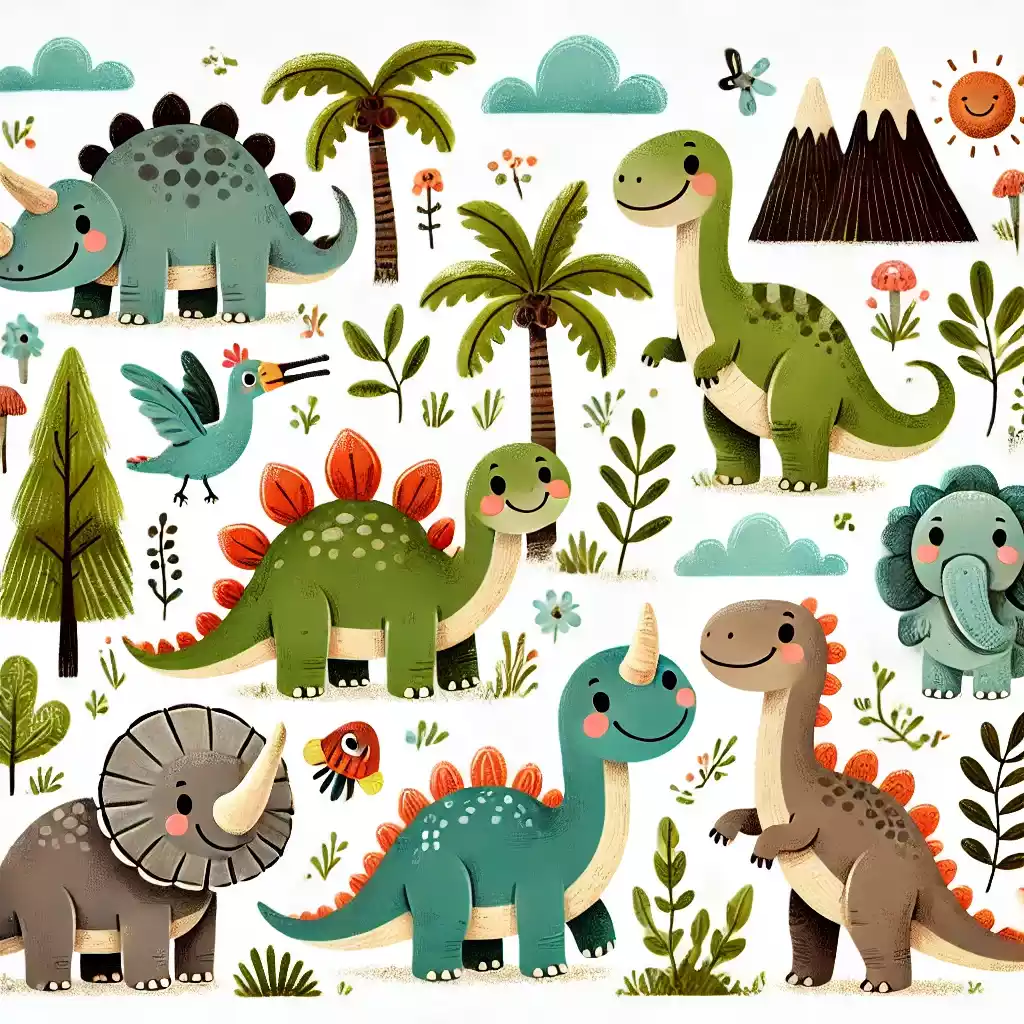 Desenho fofo de dinossauro com uma flor