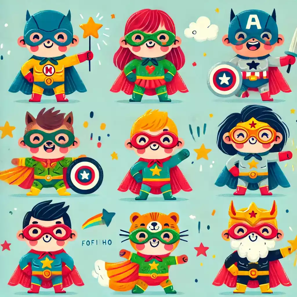 Super-herói fofinho com capa e máscara, perfeito para atividades de colorir.
