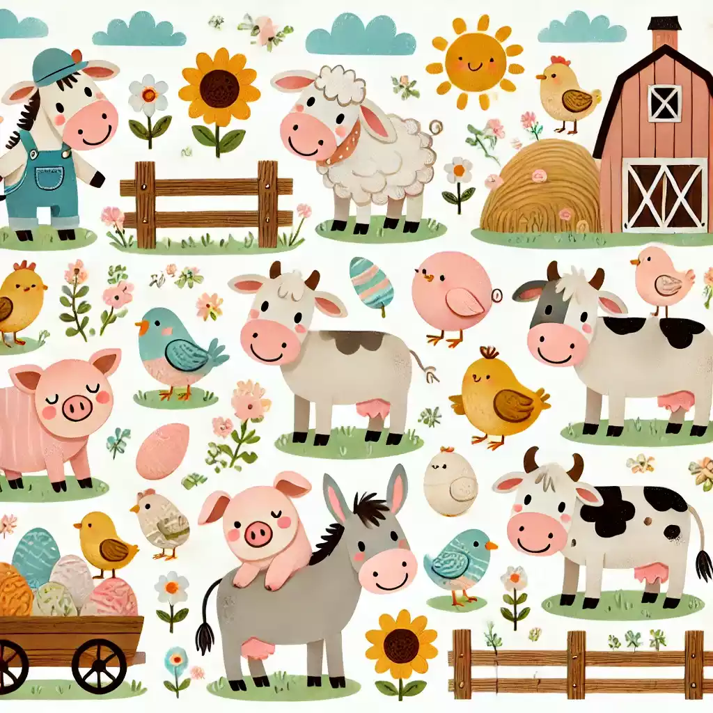 Fazendinha com animais e árvores, ideal para colorir e ensinar sobre a vida rural.