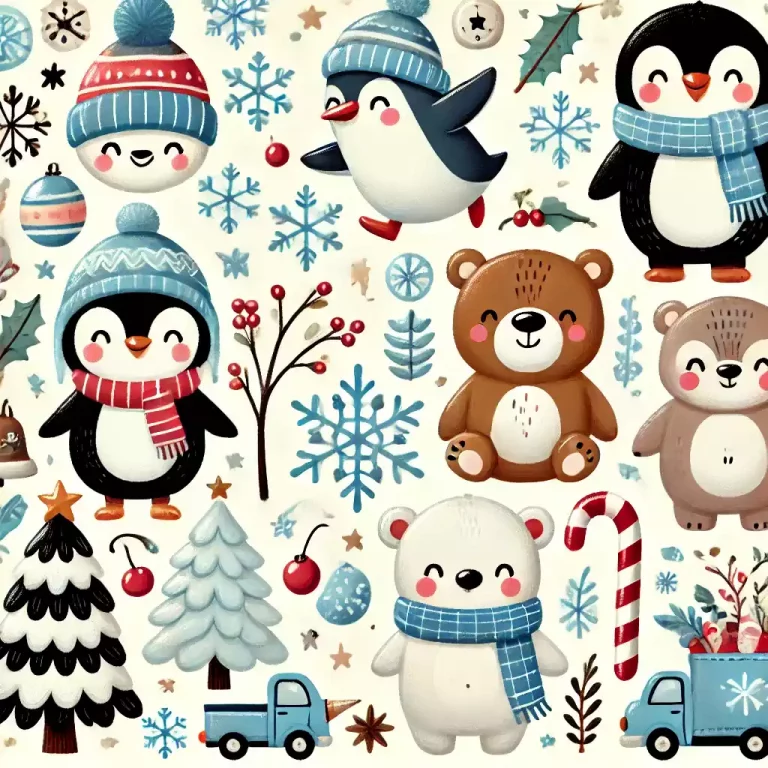 Paisagem de inverno com árvores cobertas de neve e animais.