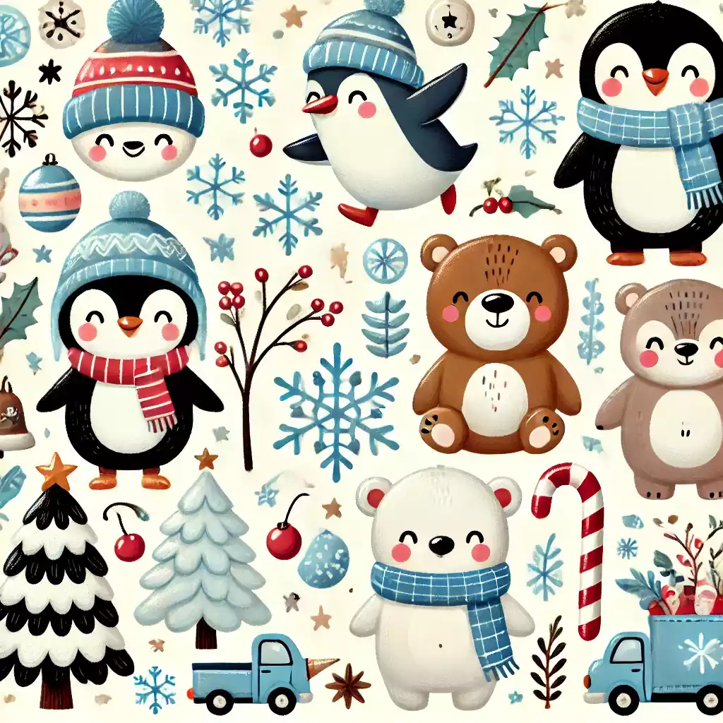 Paisagem de inverno com árvores cobertas de neve e animais.