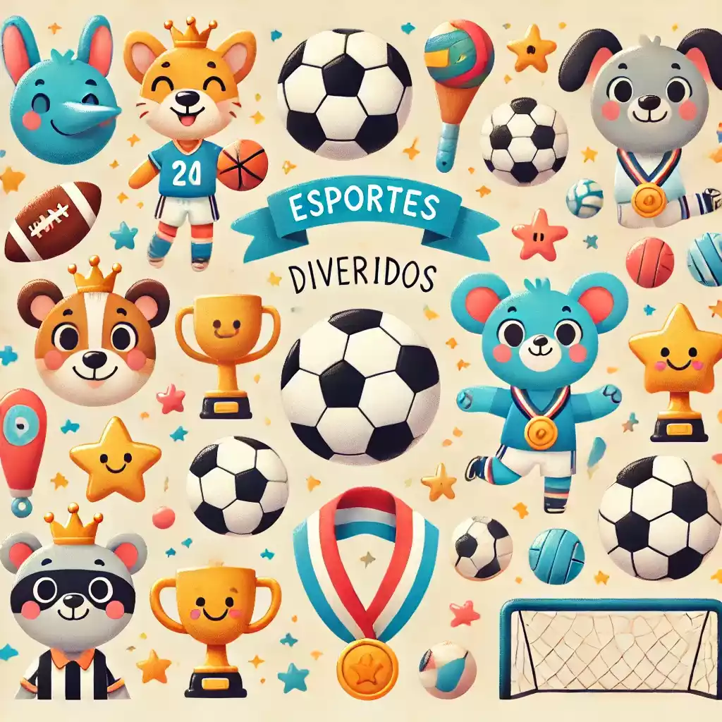 Kit com elementos esportivos como quadras, placares, bolas e bandeiras, criando um cenário dinâmico.