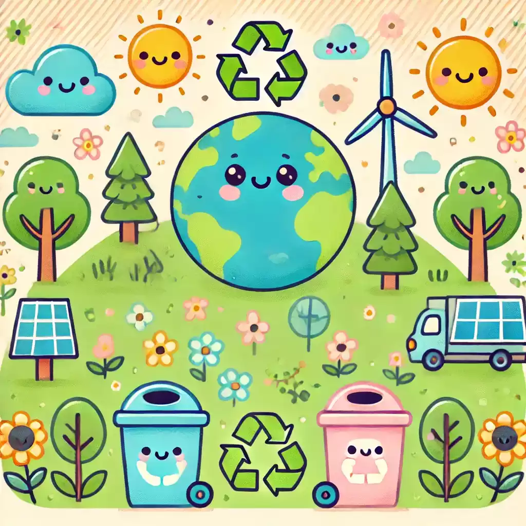 Kit com a Terra sorridente, mãos cuidando do planeta, e mensagens sobre reduzir, reutilizar e reciclar.