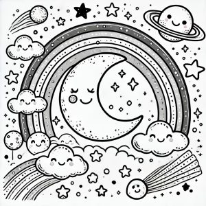 Página do livro com planeta sorridente e estrelas.