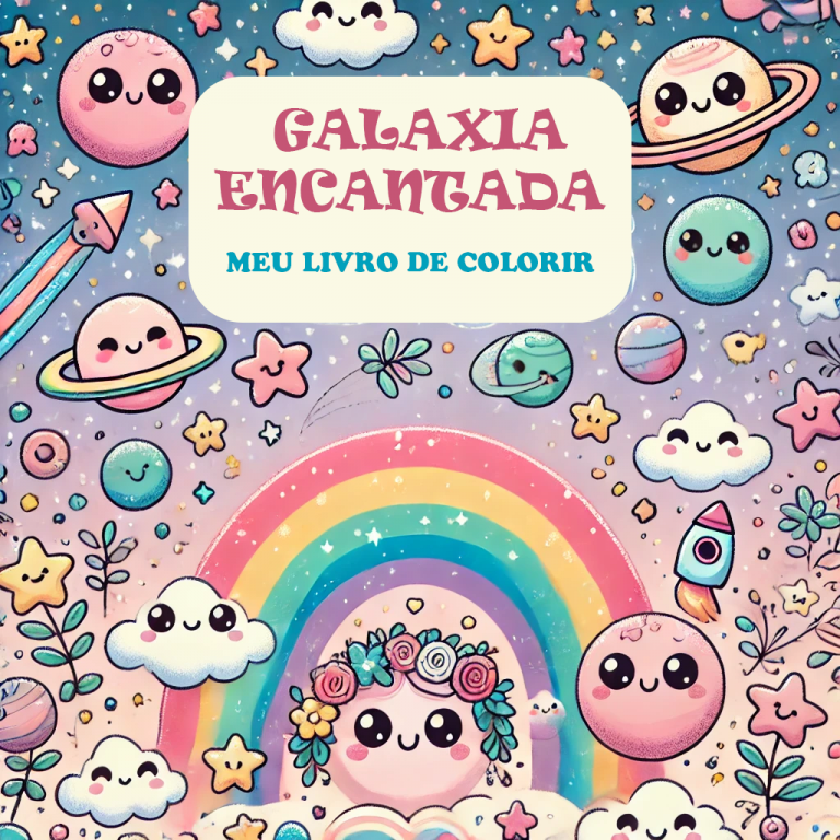 Capa do livro de colorir "Galáxia Encantada" com desenhos fofos.