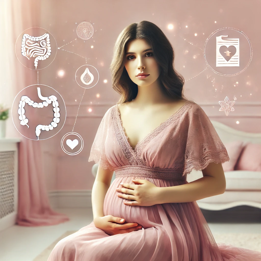 Mulher grávida de vestido rosa segurando a barriga com expressão preocupada, representando desconforto intestinal.