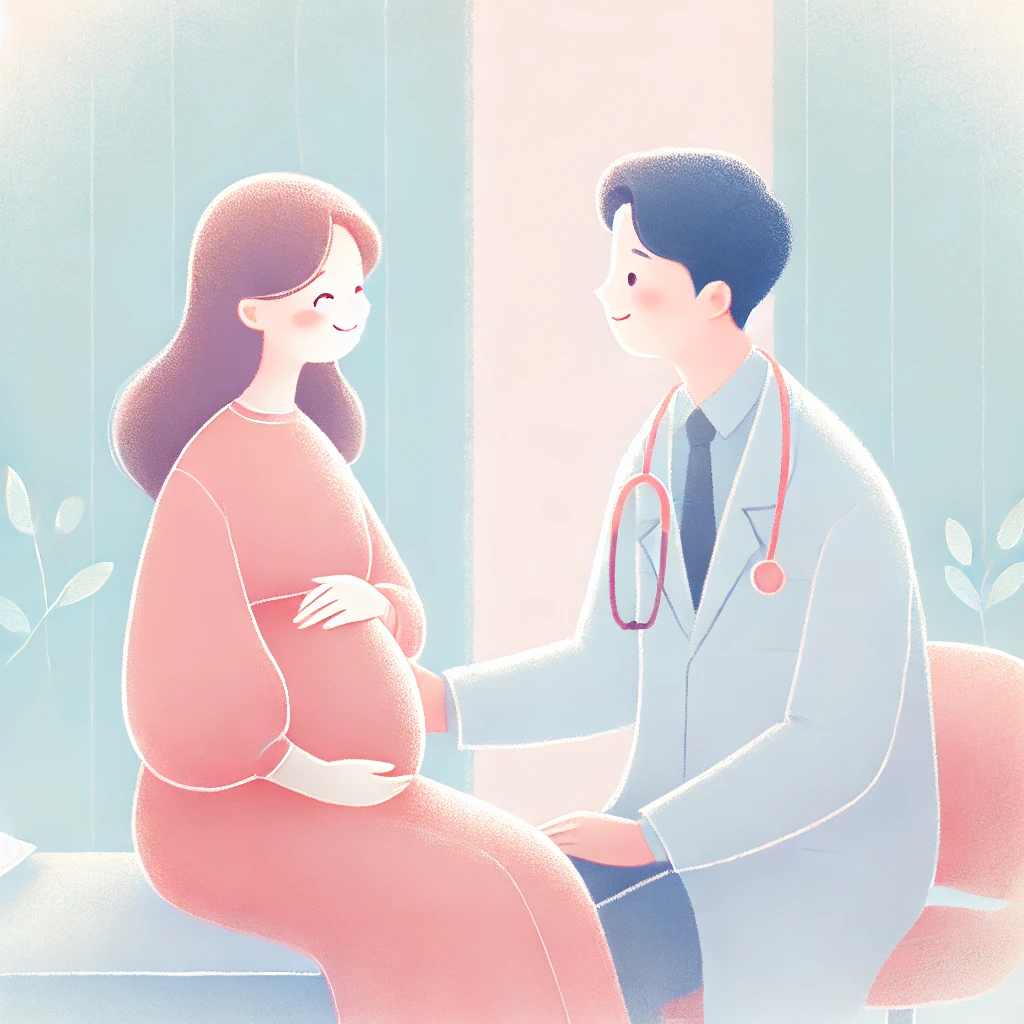 Ilustração de uma gestante sorrindo enquanto conversa com um médico em um consultório.