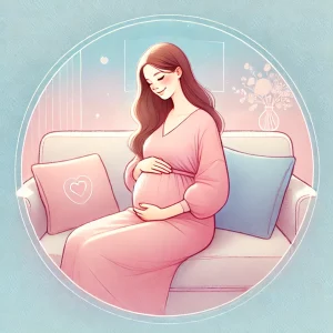 Ilustração de uma mulher grávida sentada confortavelmente em um sofá, segurando a barriga e sorrindo.