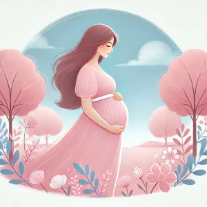 Ilustração de uma mulher grávida caminhando ao ar livre em um parque florido.