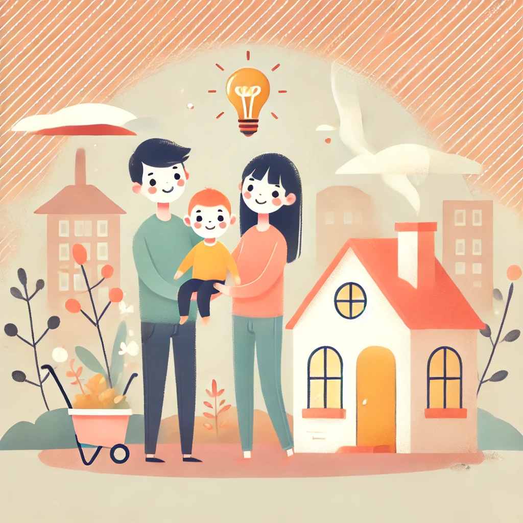 Família feliz ao lado de uma casa aconchegante, simbolizando investimentos imobiliários e segurança financeira para o futuro dos filhos.