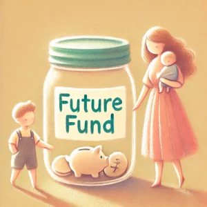 Pote de economia ‘Future Fund’ com um pequeno cofrinho e moedas dentro, enquanto uma mãe e seus filhos aparecem ao fundo, representando planejamento financeiro infantil."