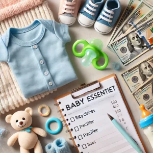 Itens essenciais de bebê ao lado de um caderno de orçamento, representando planejamento financeiro para famílias que querem economizar no enxoval.