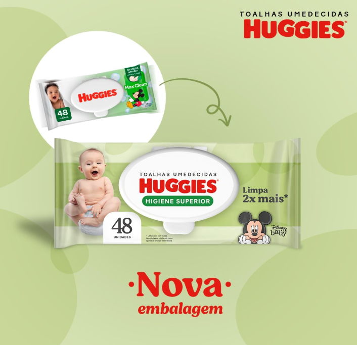 Embalagem dos Lenços Umedecidos Huggies, mostrando o design e a tampa flip-top.