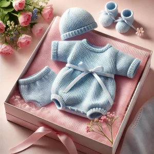 Conjunto azul para saída de maternidade com macacão, touca e manta em tons pastel.