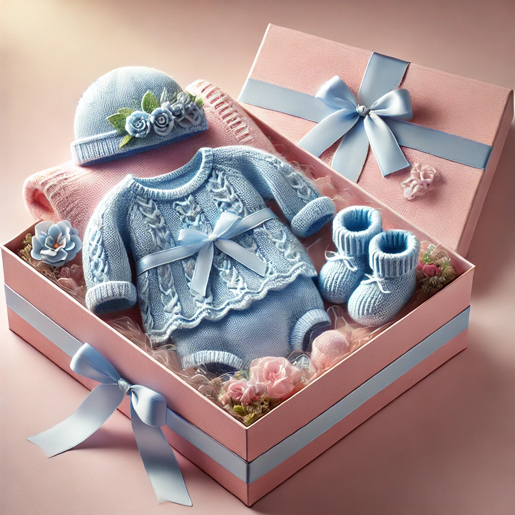 Kit azul e rosa para saída de maternidade com macacão rendado, manta e acessórios delicados.