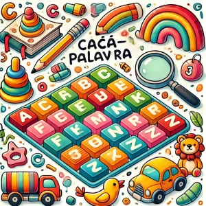 Tabuleiro gigante de caça-palavras para crianças, com letras grandes e brinquedos ao redor. Perfeito para atividades educativas ao ar livre.