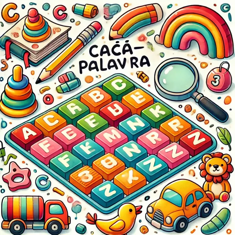 Tabuleiro gigante de caça-palavras para crianças, com letras grandes e brinquedos ao redor. Perfeito para atividades educativas ao ar livre.